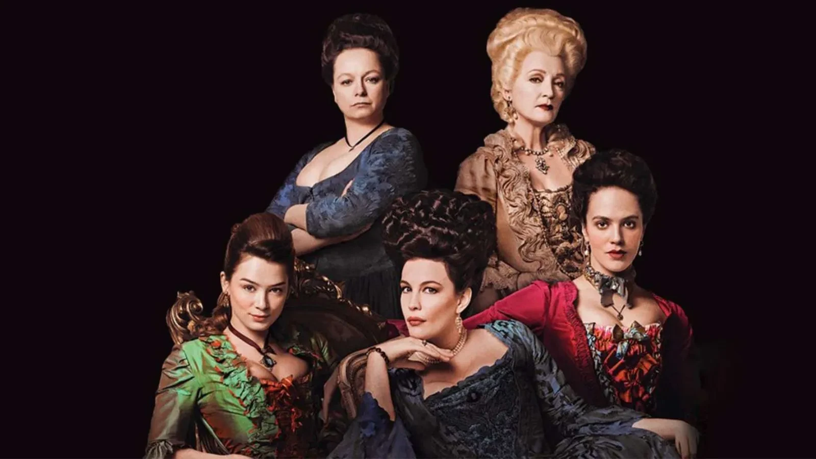 Five women in timely dresses against a black background