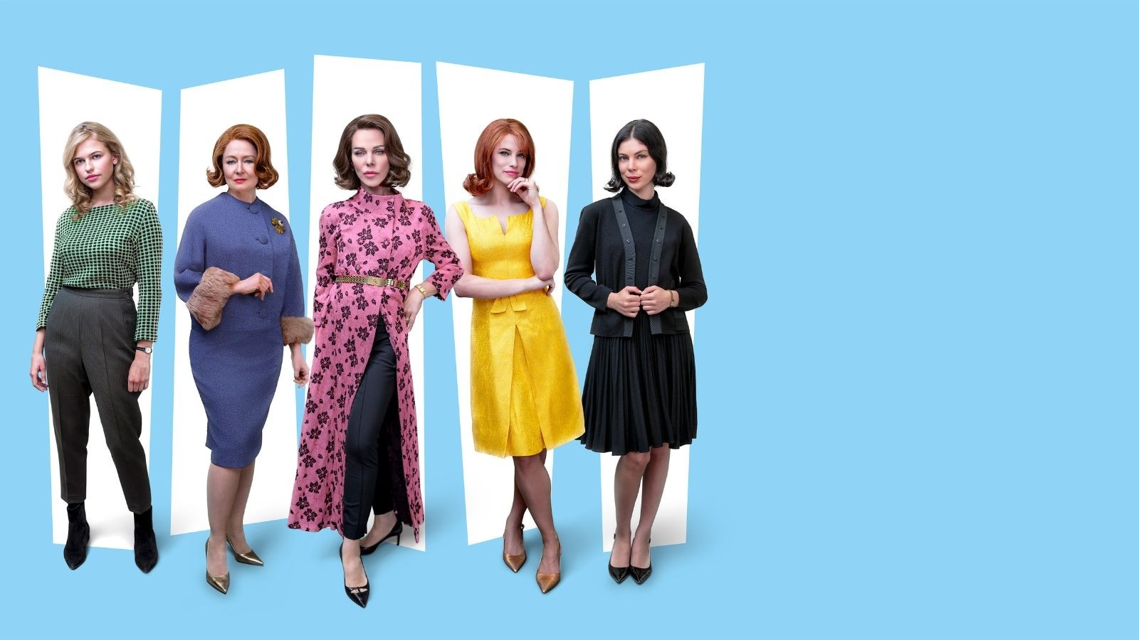 Women in 60s clothing stood agaisnt ablue background with white shapes behind them