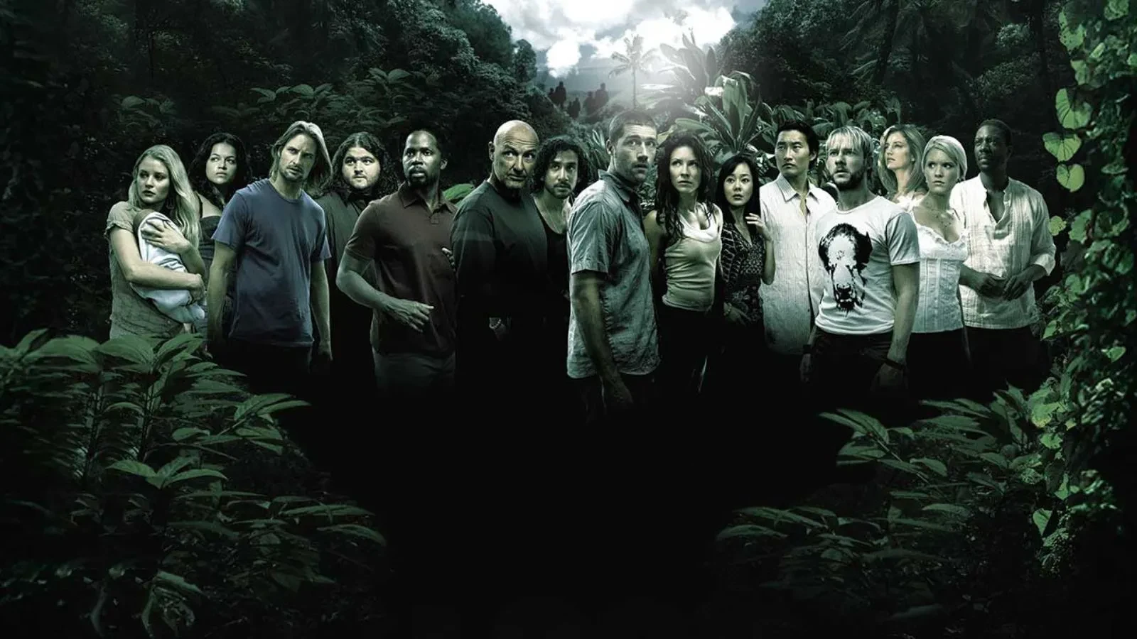 Men and women in a forest witha  green background to the image all looking at something to the left with curiosity