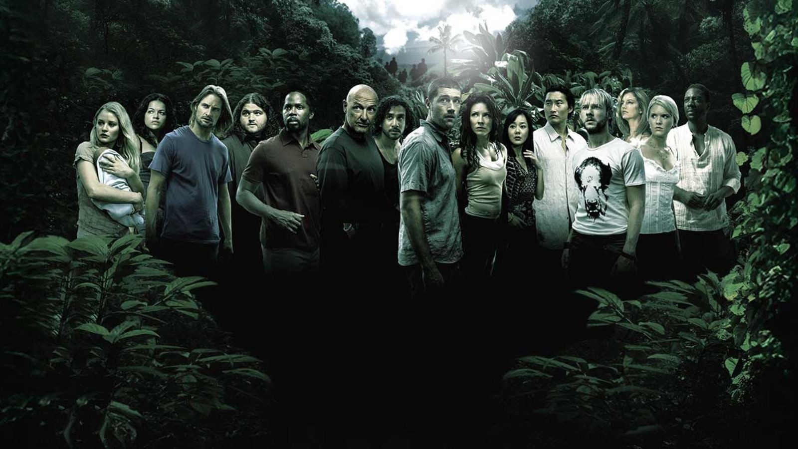 Men and women in a forest witha green background to the image all looking at something to the left with curiosity