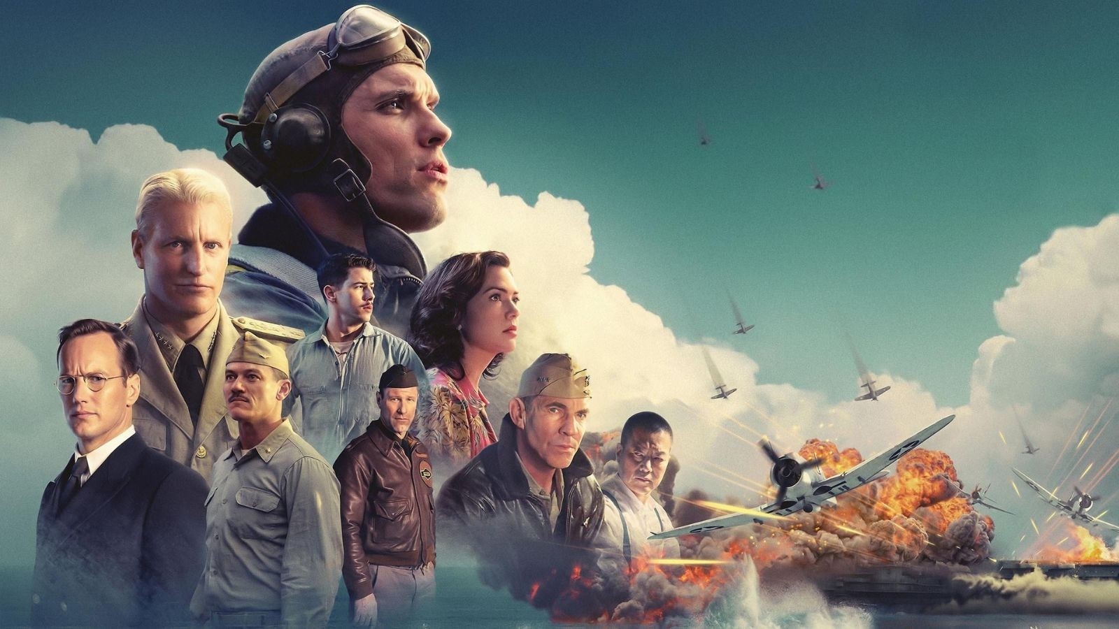 Soldiers of different ages wearing WW2 clothing and uniform with planes flying out of the image