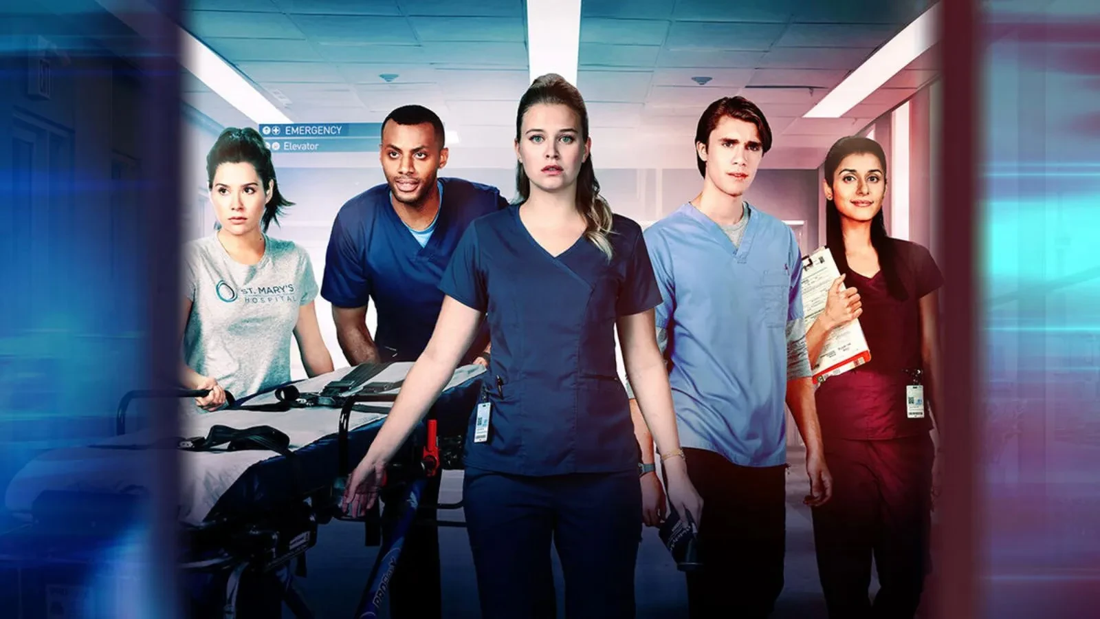 Medical staff in different position pushing an empty bed in a hospital.