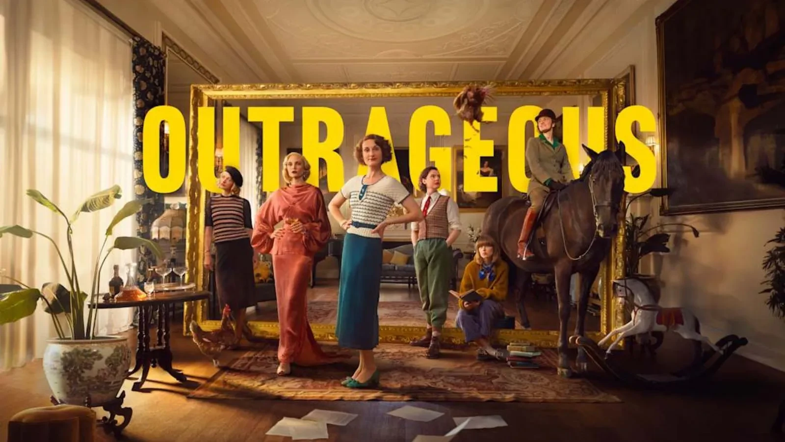 6 aristocratic women in a lavish living room with one sat on a horse and text in yellow that reads outrageous