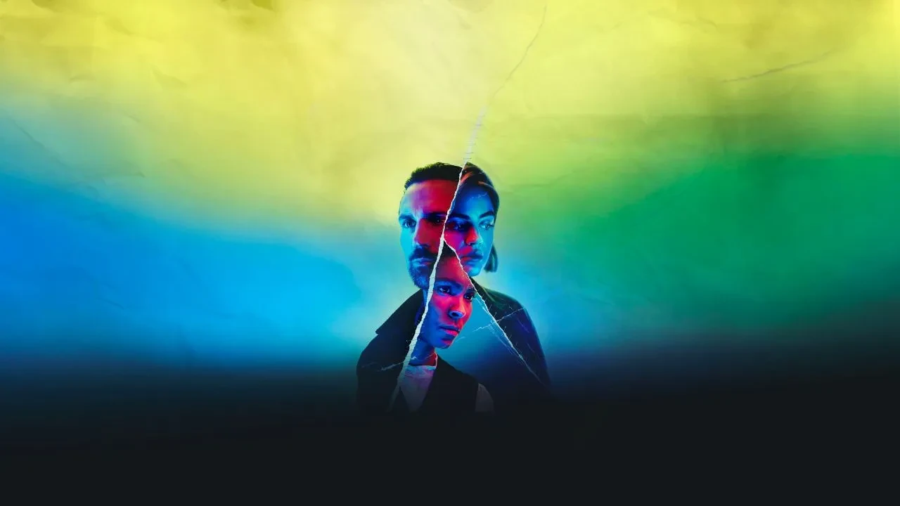 Two women and one men with just their faces against a colourful yellow and green background