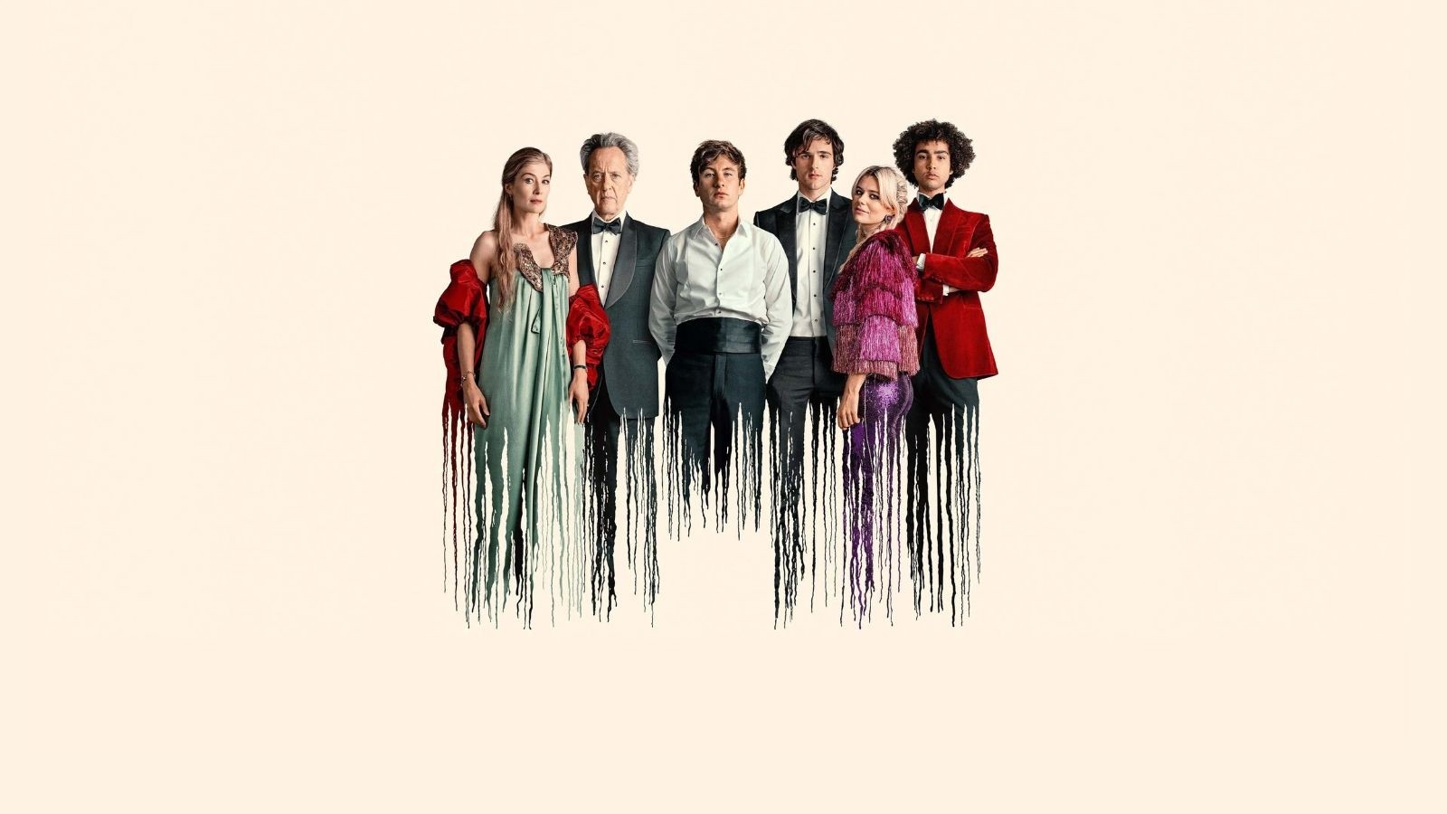 3 younger men, one older man and two women in formal clothes with a shredded effect from the waist down