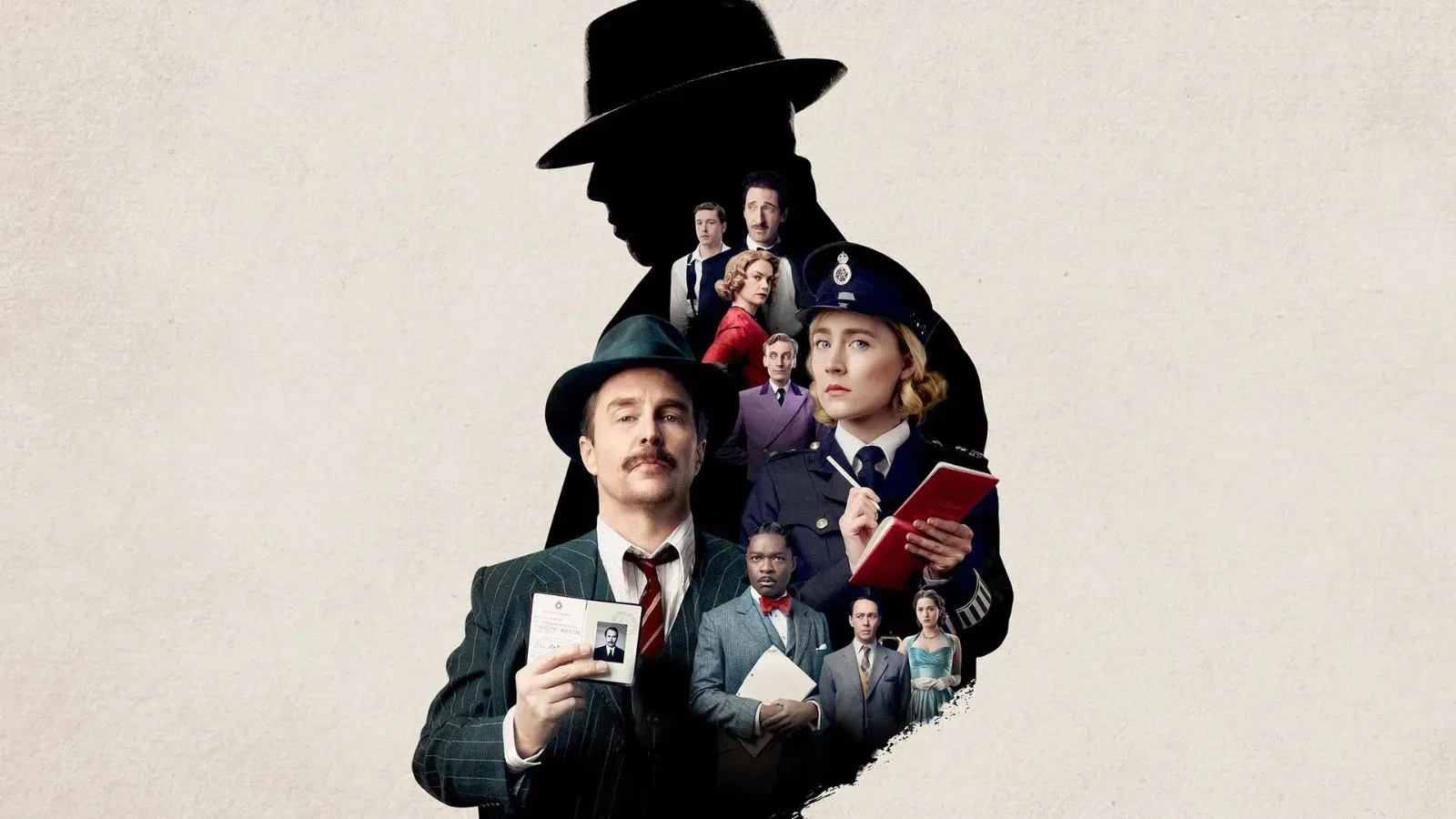 A dark figure with various men and women inside wearing detective 1930s clothing