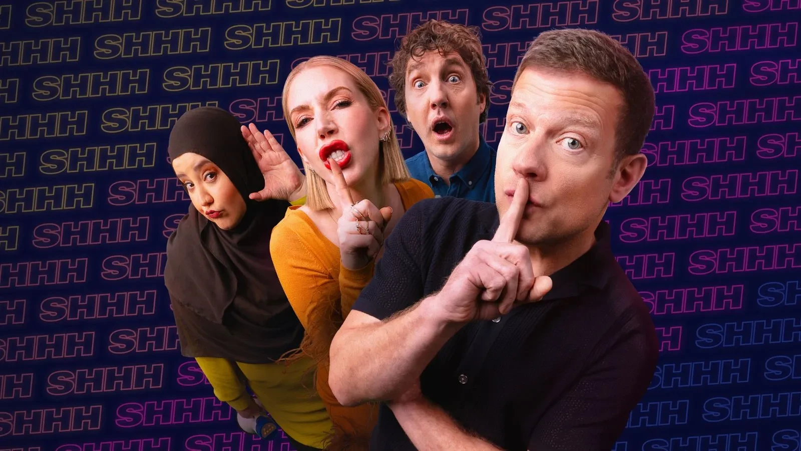 Two men and two women with their fingers against their lips. A background that says shhh