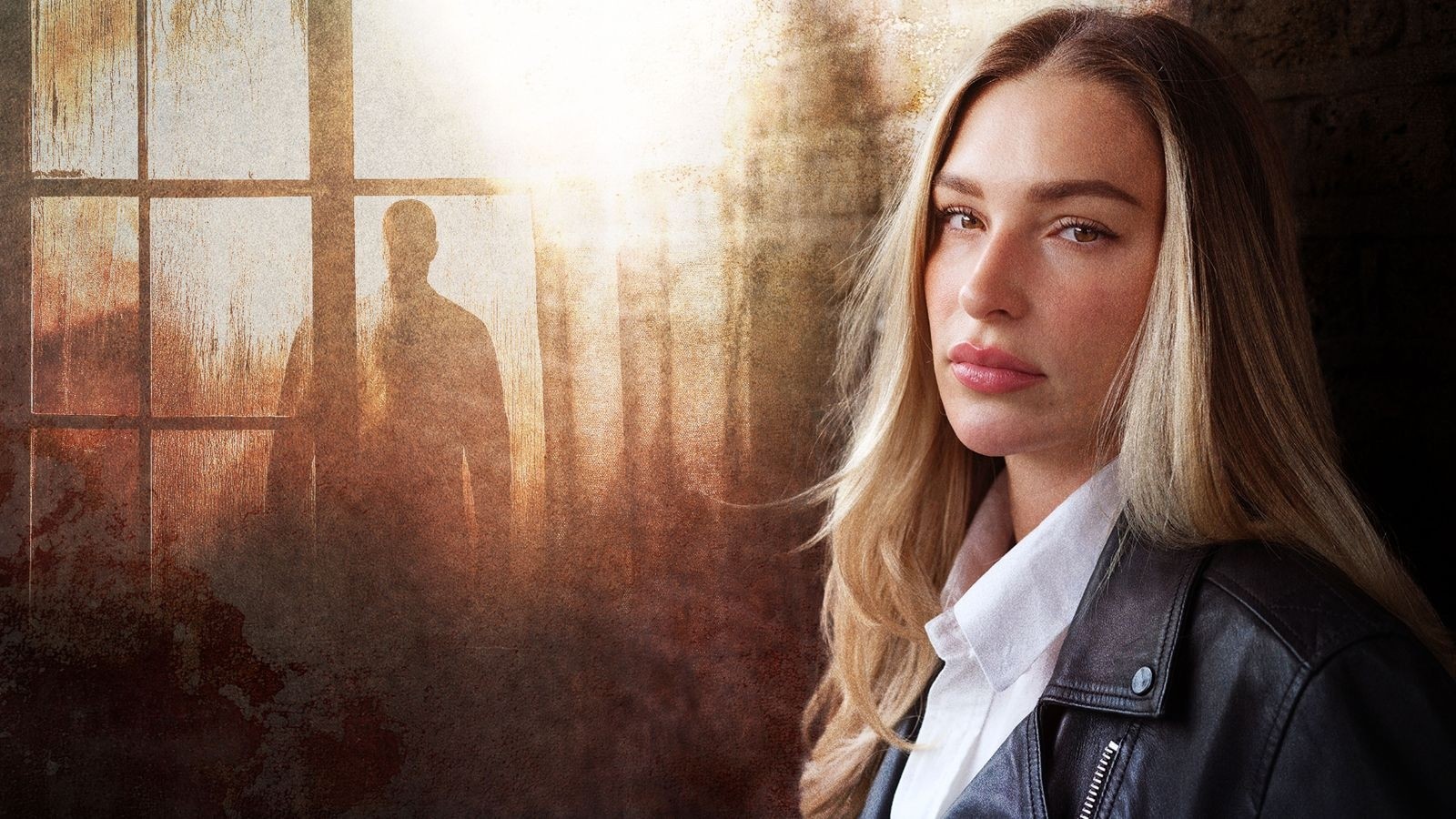 Womem with blonde hair stood next to a faded window with a shadow on the other side