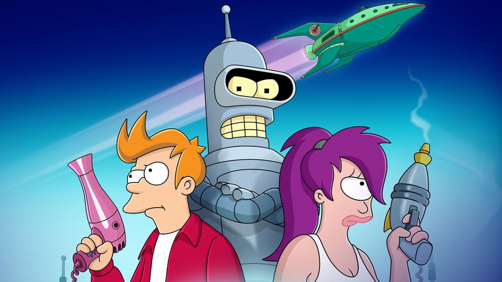 An animated robot and boy and girl with space weapons in the series futurama