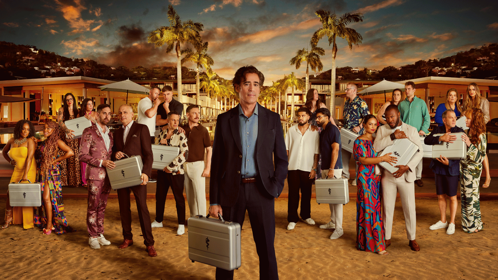 Stephen Managan holding a briefcase with contestants for the show Fortune Hotel stood behind him