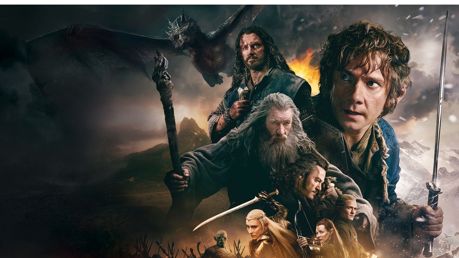 A wizard and many hobbits in a dark landscape with a dragon above them an orcs below them