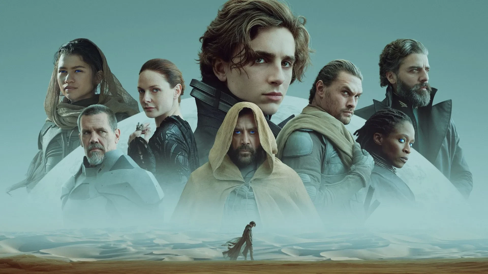 Timothee Chalamet, Zendaya, Rebecca Ferguson, Jason Momoa, Stellan Skarsgård and Oscar Isaac in Dune
