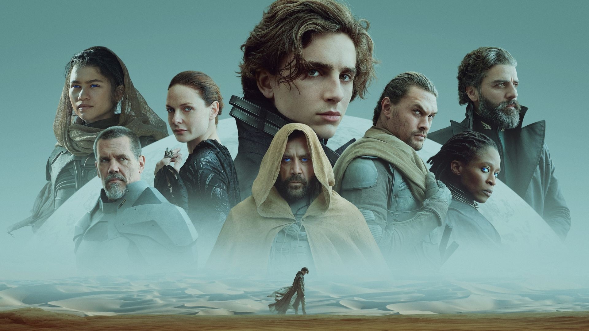 Timothee Chalamet, Zendaya, Rebecca Ferguson, Jason Momoa, Stellan Skarsgård and Oscar Isaac in Dune