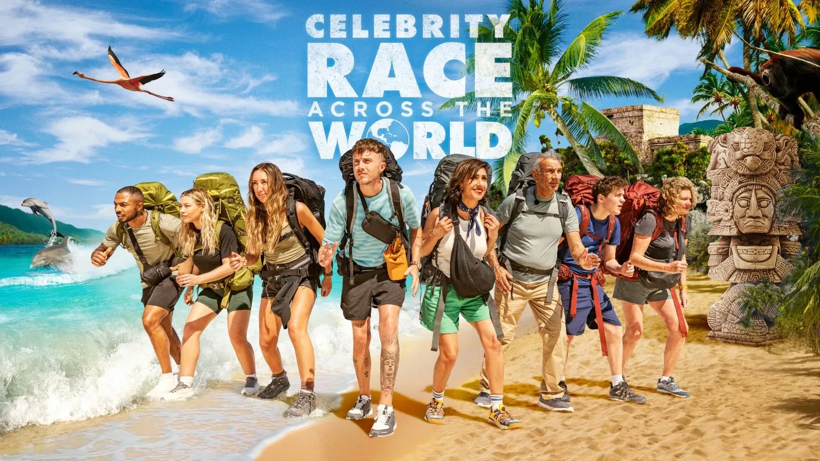 Contestants in Celebrity Race Across the World running across a beach