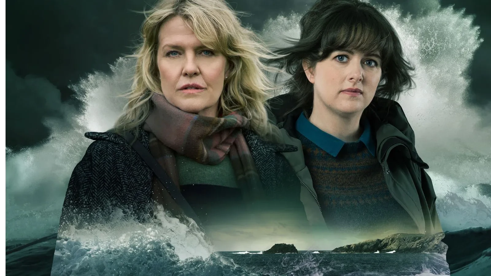 Ashley Jenson and Alison O'Donell in Shetland stood with waves washing over them