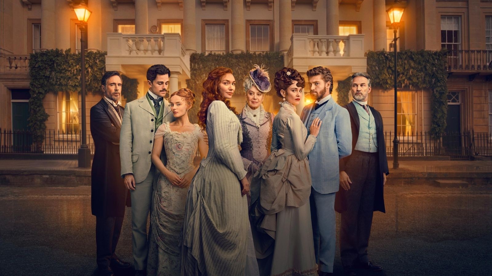 Danny Griffin, Joshua Orpin, Eleanor Tomlinson, Tuppence Middleton, Millie Gibson and Stephen Moyer in the Forsytes