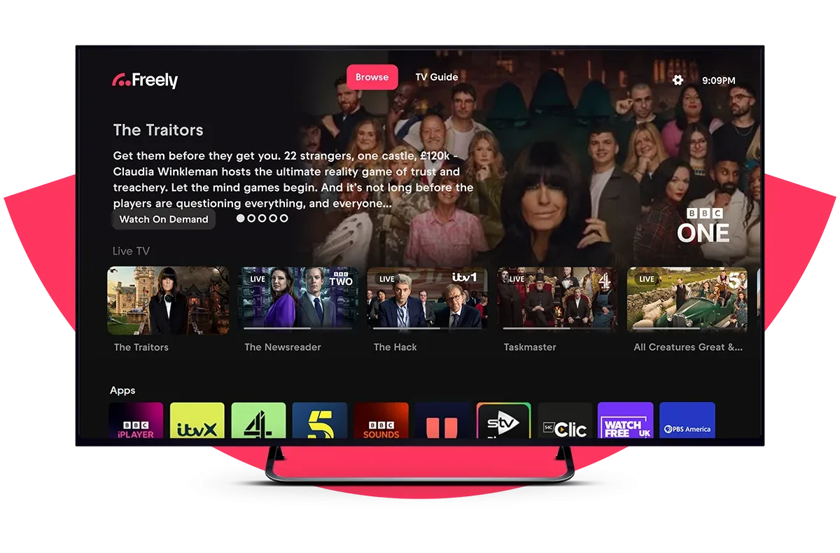 Freely TV showing TV guide and The Traitors