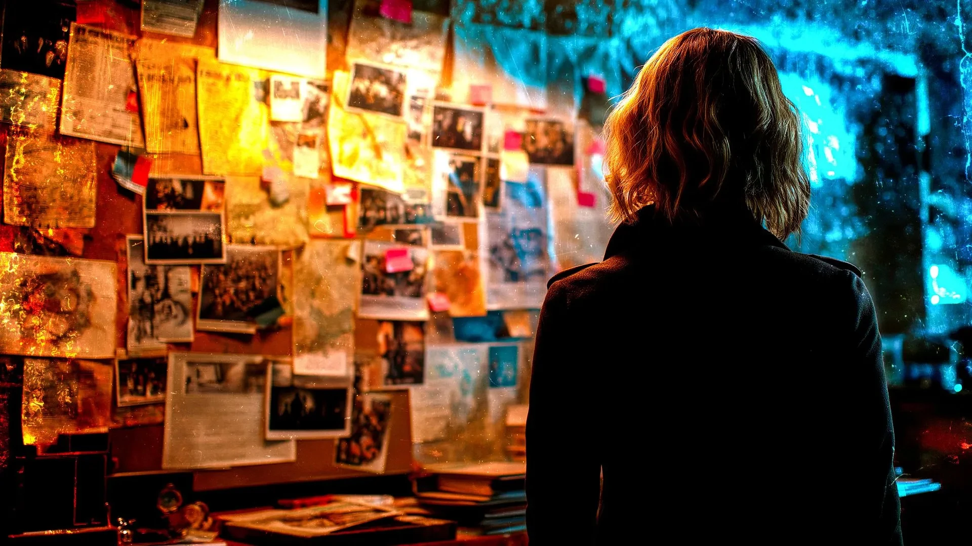 A women with short blonde hair looking at images and maps on a wall