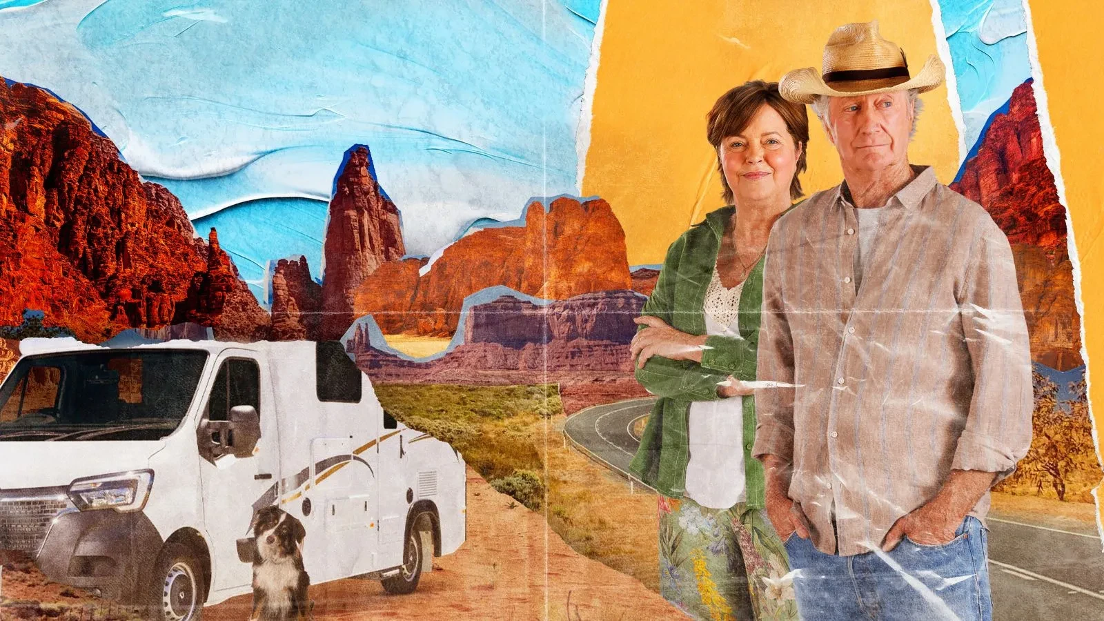 Greta Scacchi and Bryan Brown in Joan and Darby stood in the Australian outback with a white truck on the right