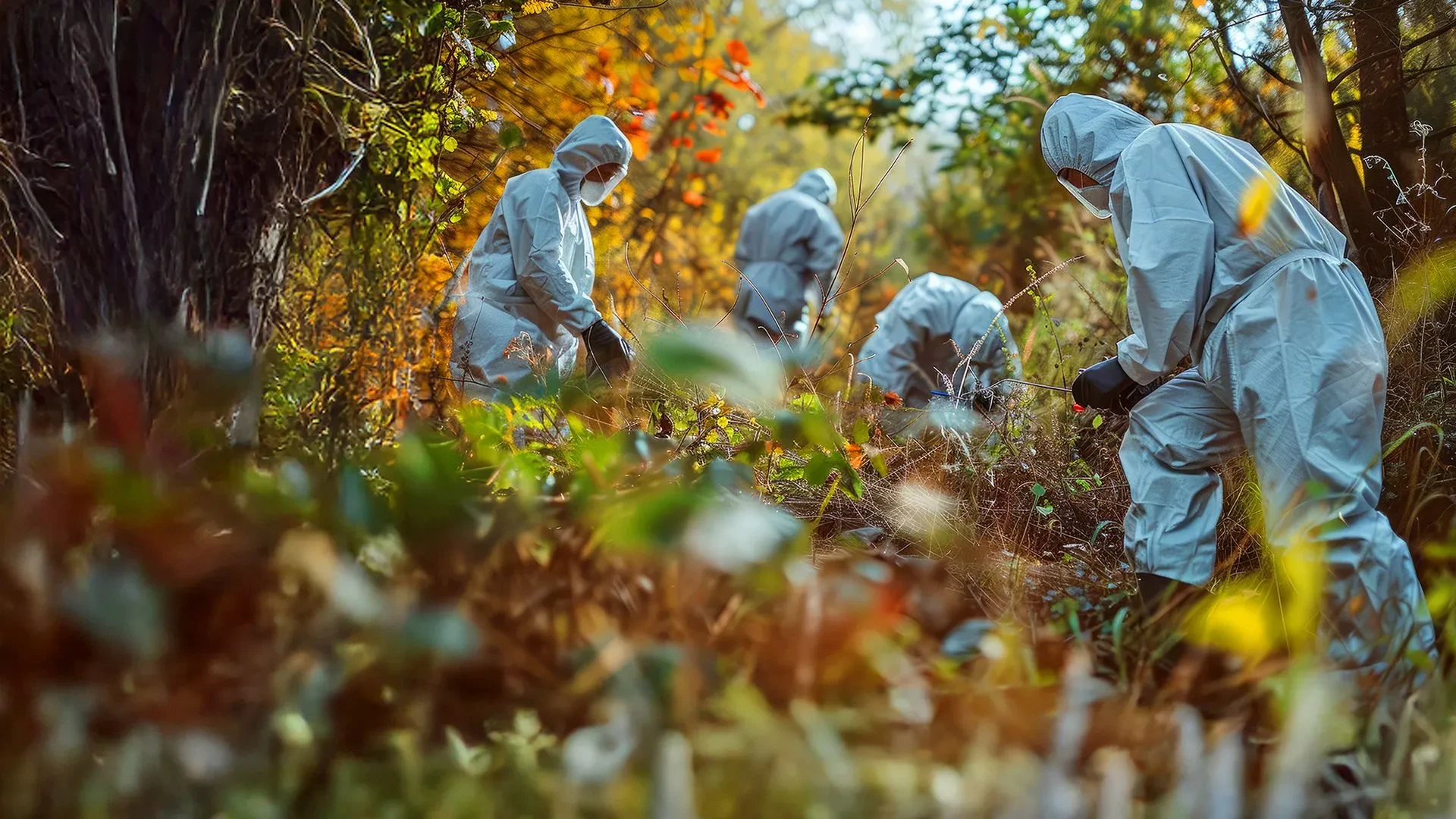 Four forensic people wearing blue plastic outfits searching in the woods for evidence