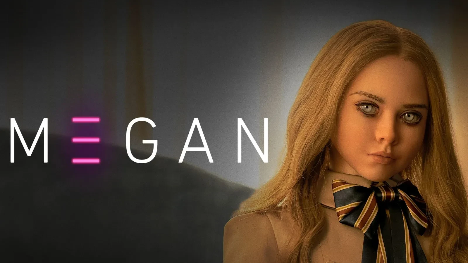 A creepy blonde doll with blue eyes and a neck scarf staring intently at the camera with writing that reads M3GAN to the left of the image
