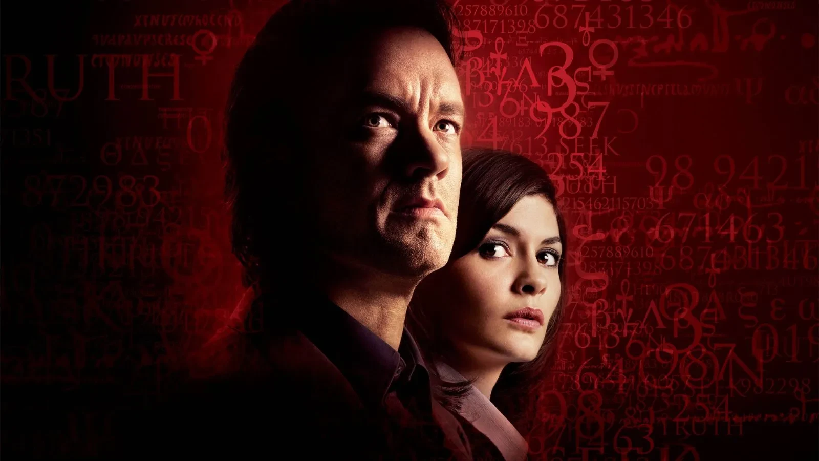 Portrait of Tom Hanks stood against a red background with writing on and Audrey Tautuo stood behind him in the film The Da Vinci Code