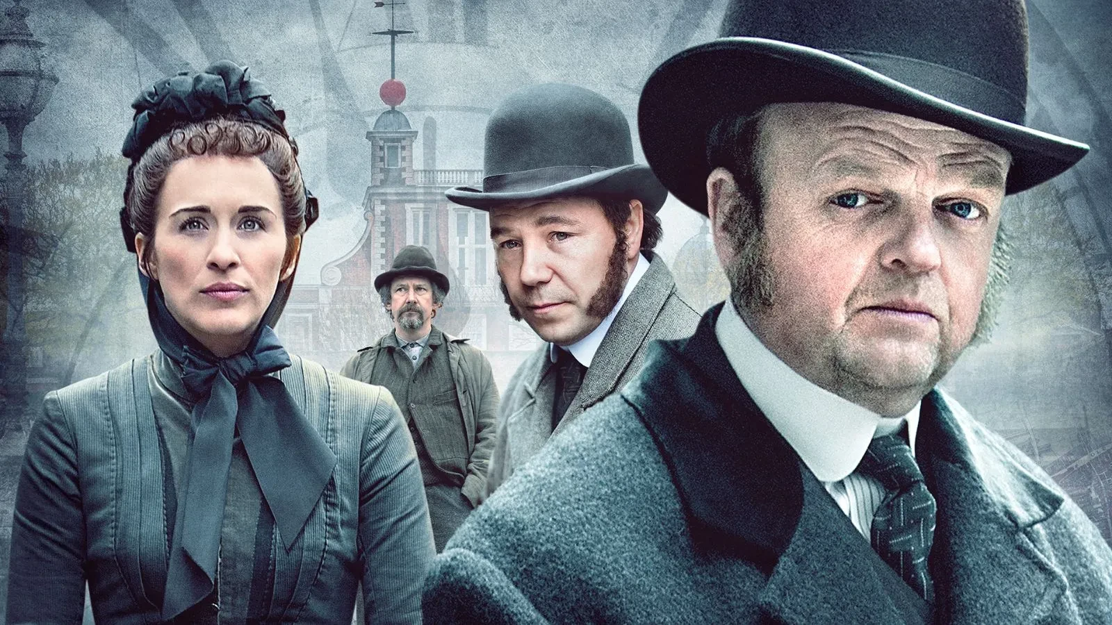 Toby Jones, Vicky McClure and Steohen Graham in Victorian era grey clothing stood against a backdrop of Grey Victorian London