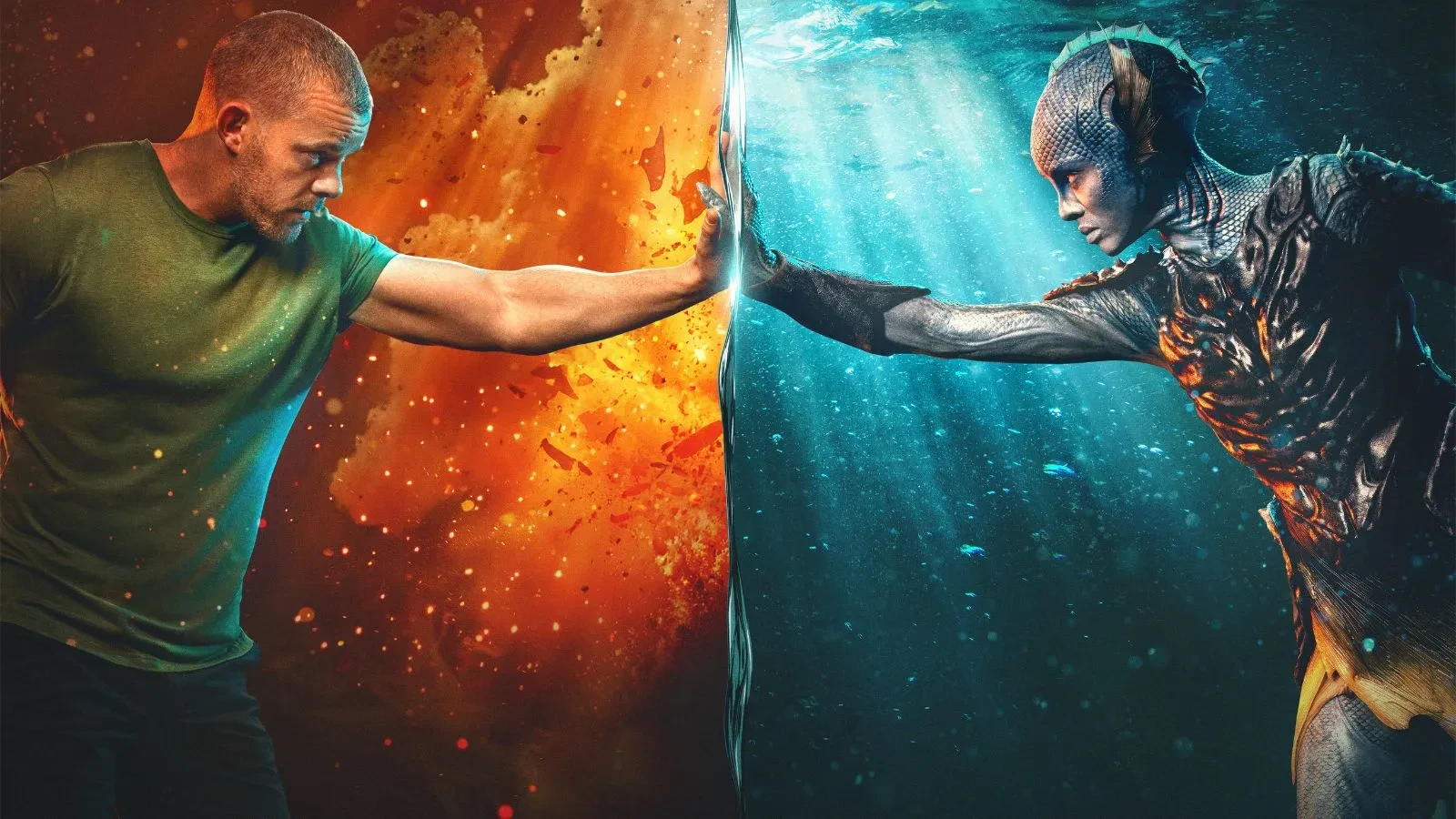 A man with a shaved head and green shirt stood against a background full of flames with his hand a against a wall. On the other side is an amphibious creature with their hand against the wall and water behind them