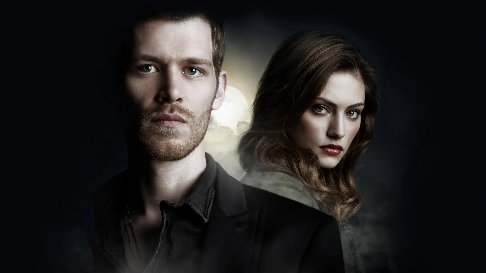 Headshot of Joseph Moran with his face half covered by a shadow and Phoebe Tonkin wearing a bright red lipstick behind him staring seriously at the camera. Full moon in the background.