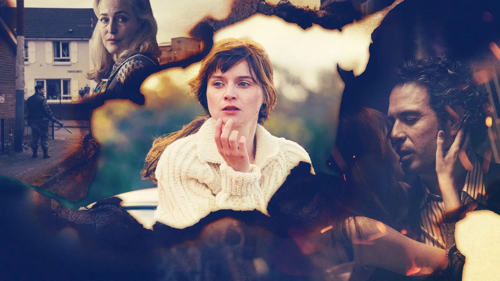 Lola Petticrew in the middle of an image with Gillian Anderson cropped in the top left and Tom Cullen kissing Lola Pettcriew in the bottom left, key art for Channel 4s drama Trespasses