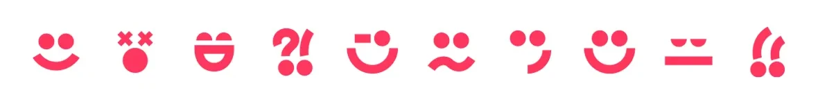 A row of pink emoji reactions showing surprised, happy, shocked and unhappy faces