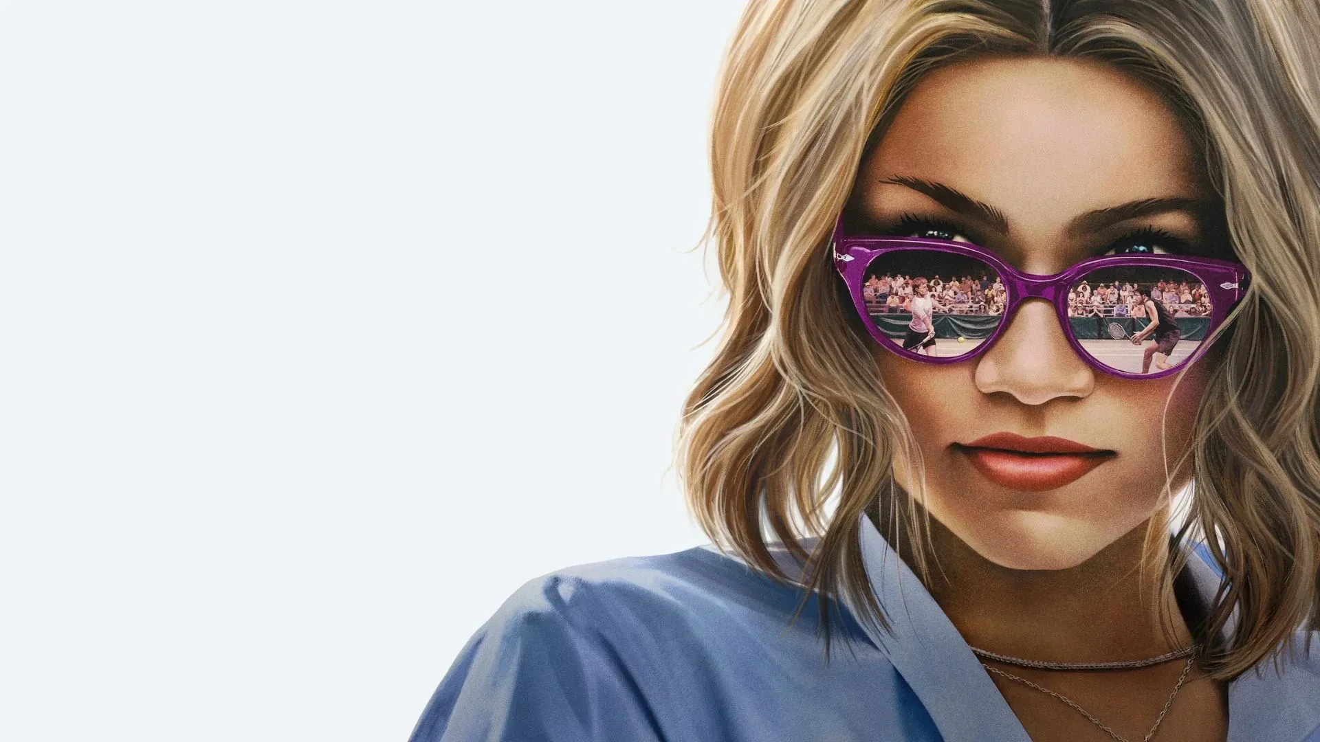 Poster image for the film Challengers (2024), showing a woman in sunglasses with a tennis match reflected in the lenses.
