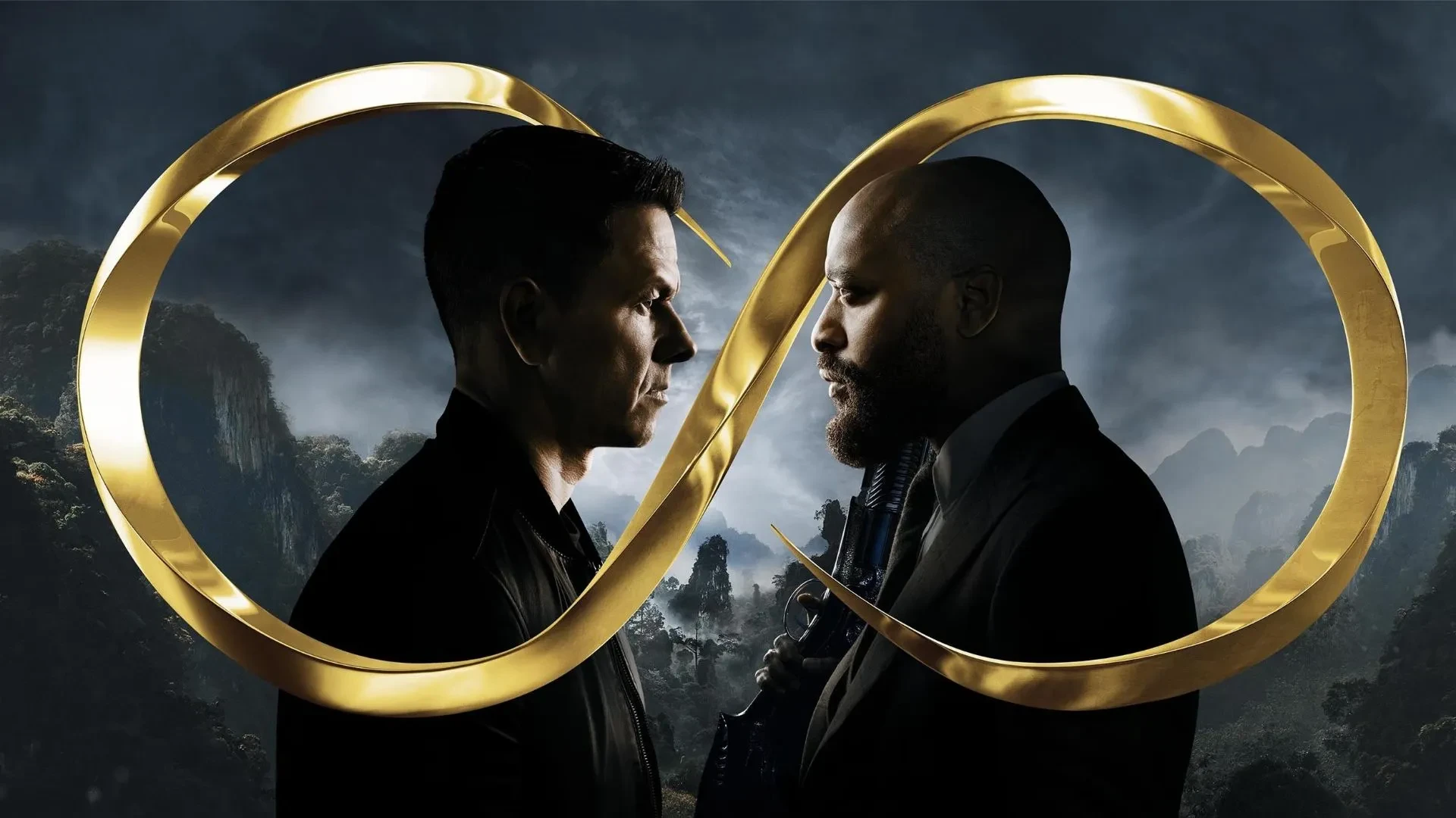 Poster image for the film Infinite (2001), showing two men facing each other with a golden infinity symbol looping between them against a dramatic mountainous backdrop.
