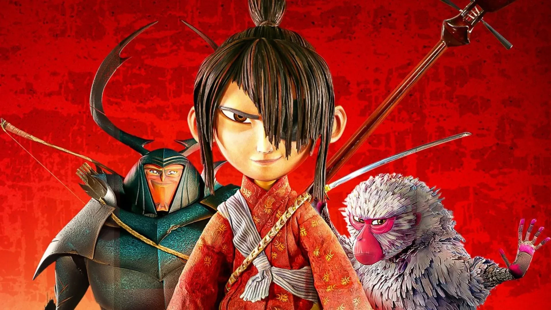 Poster for the film “Kubo and the Two Strings”, showing an animated character in a red patterned robe holding a shamisen, flanked by a samurai warrior in dark armour and a white monkey against a vivid red background.