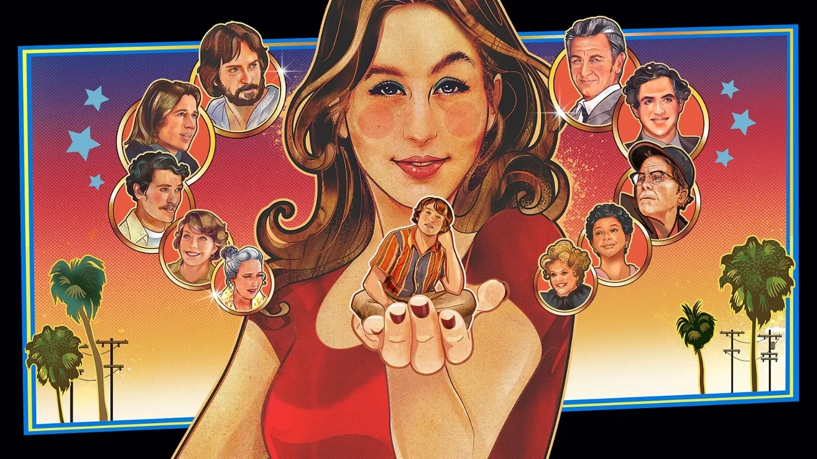 Poster image for the 2021 film Licorice Pizza, featuring a stylised illustration of a person in a red top holding a smaller figure in their hands. Surrounding them are circular portraits of other characters against a sunset gradient background with palm trees and stars.