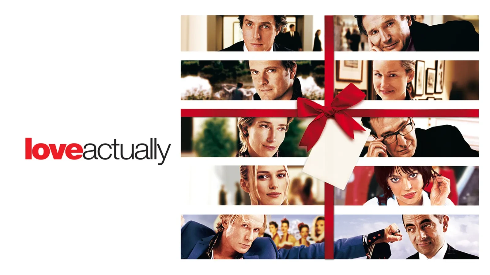 Poster for the film ‘Love Actually’ featuring a collage of scenes arranged like a wrapped gift with a red ribbon and bow, and the movie title in bold red and black text on a white background.