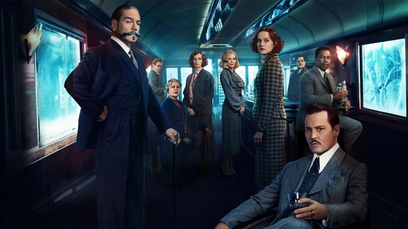 Promotional art from the 2017 film Murder on the Orient Express, showing a group of elegantly dressed passengers inside a luxurious train carriage with dark wood panelling, blue lighting, and frosted windows.