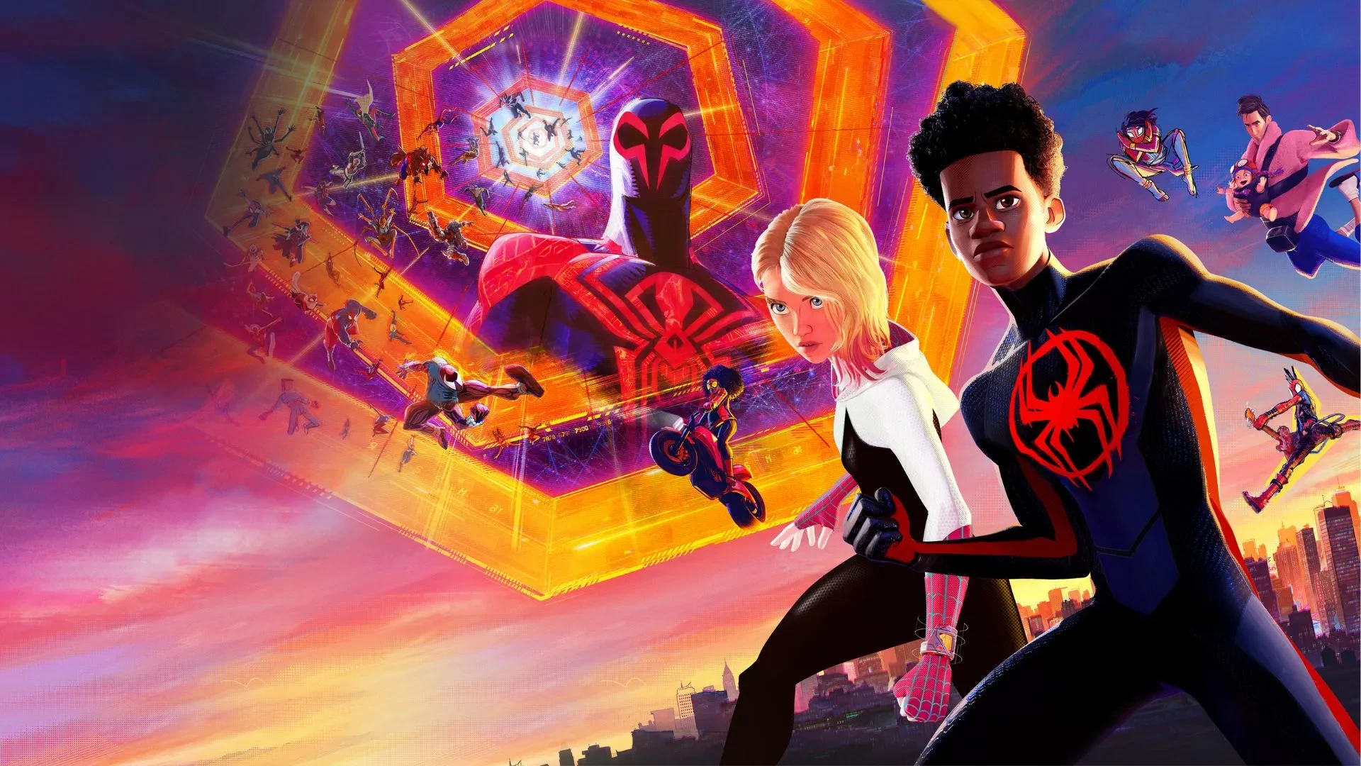 Poster image for the film Spider-Man: Across the Spider-Verse (2023), featuring multiple Spider-Man characters in action poses converging around a glowing portal, with Miles Morales and Gwen Stacy in the foreground.
