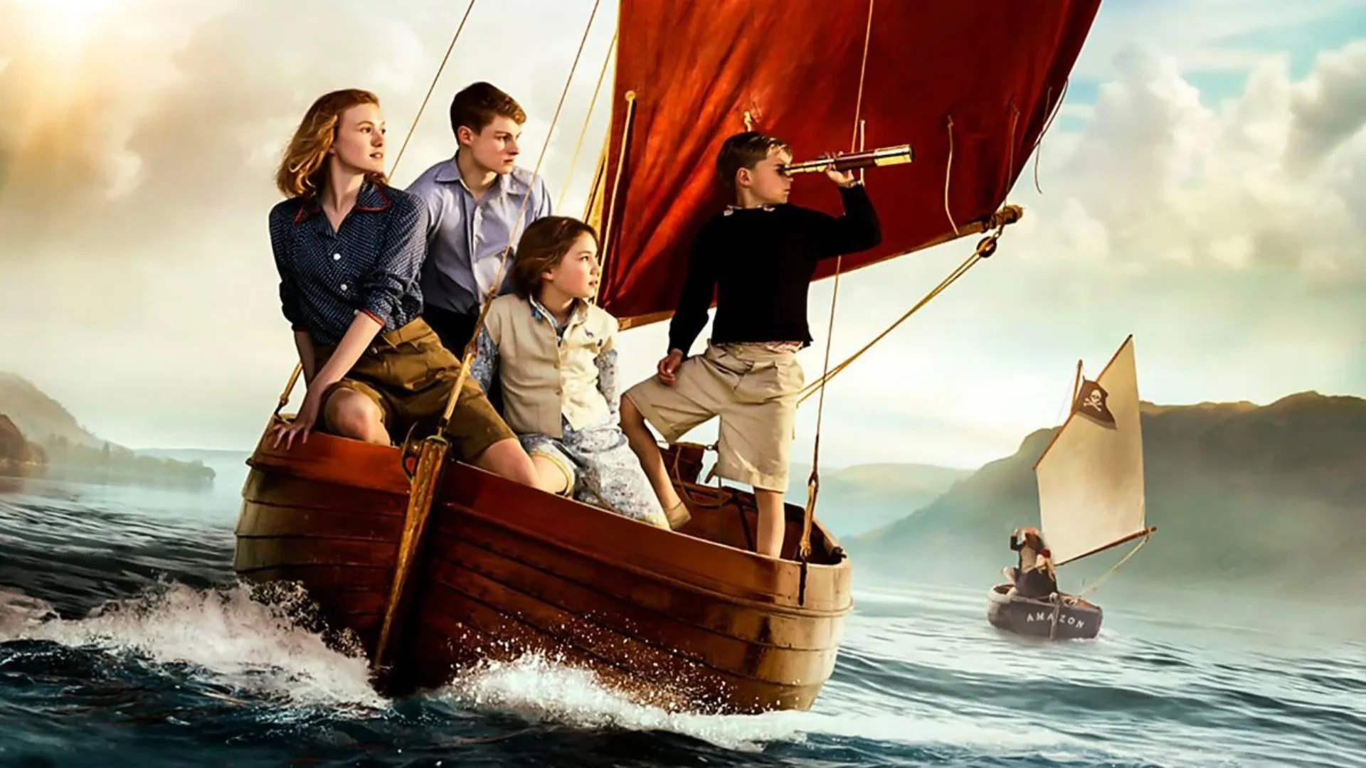 Alt text: Poster image for the film “Swallows and Amazons”, showing four children sailing in a wooden boat with a red sail on a lake, one holding a telescope, with another small boat in the distance and hills under a cloudy sky in the background.