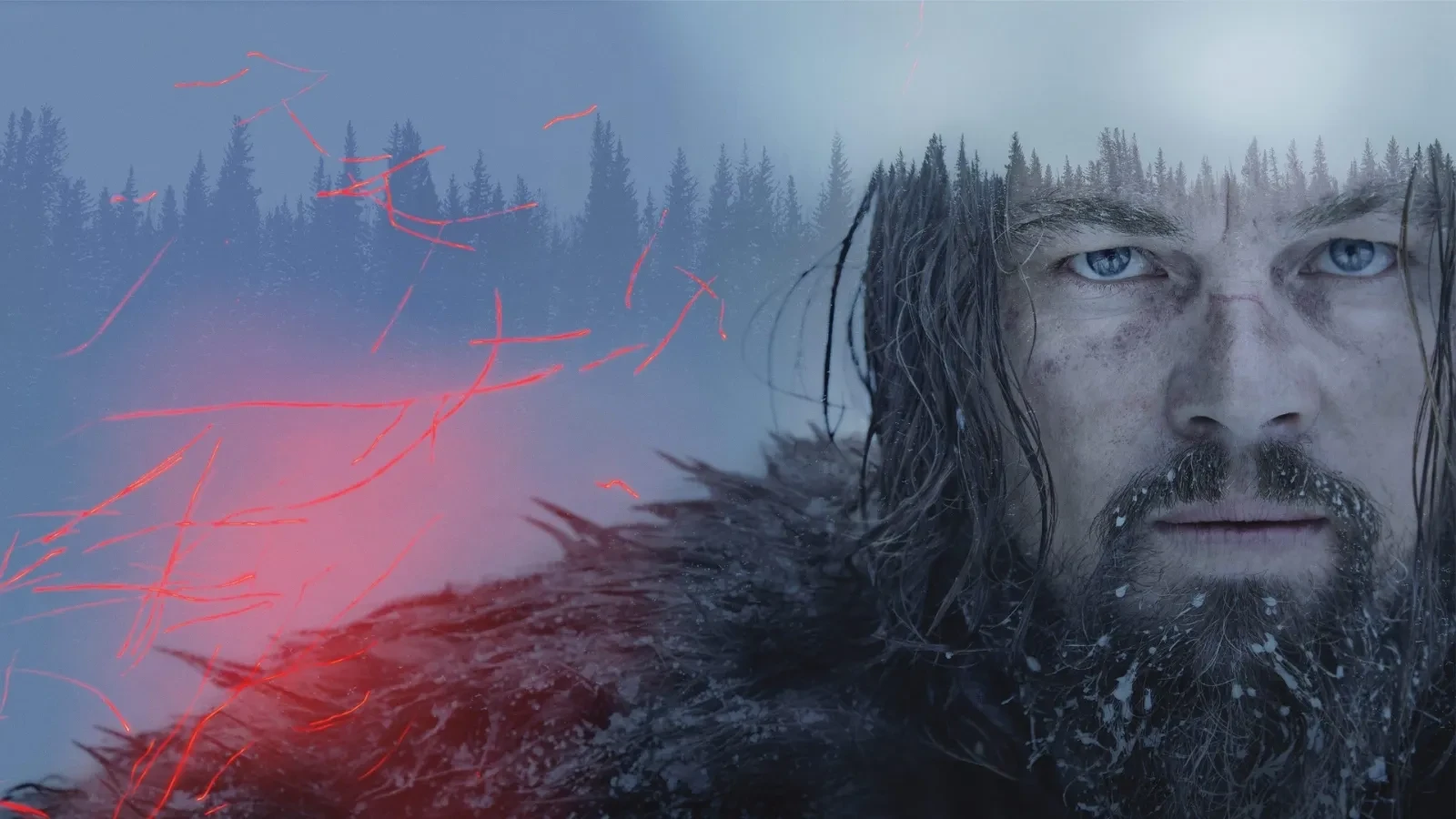Poster image for the 2016 film The Revenant, showing a rugged fur coat against a misty forest backdrop. Red glowing streaks cut across the scene, adding a sense of tension and drama.
