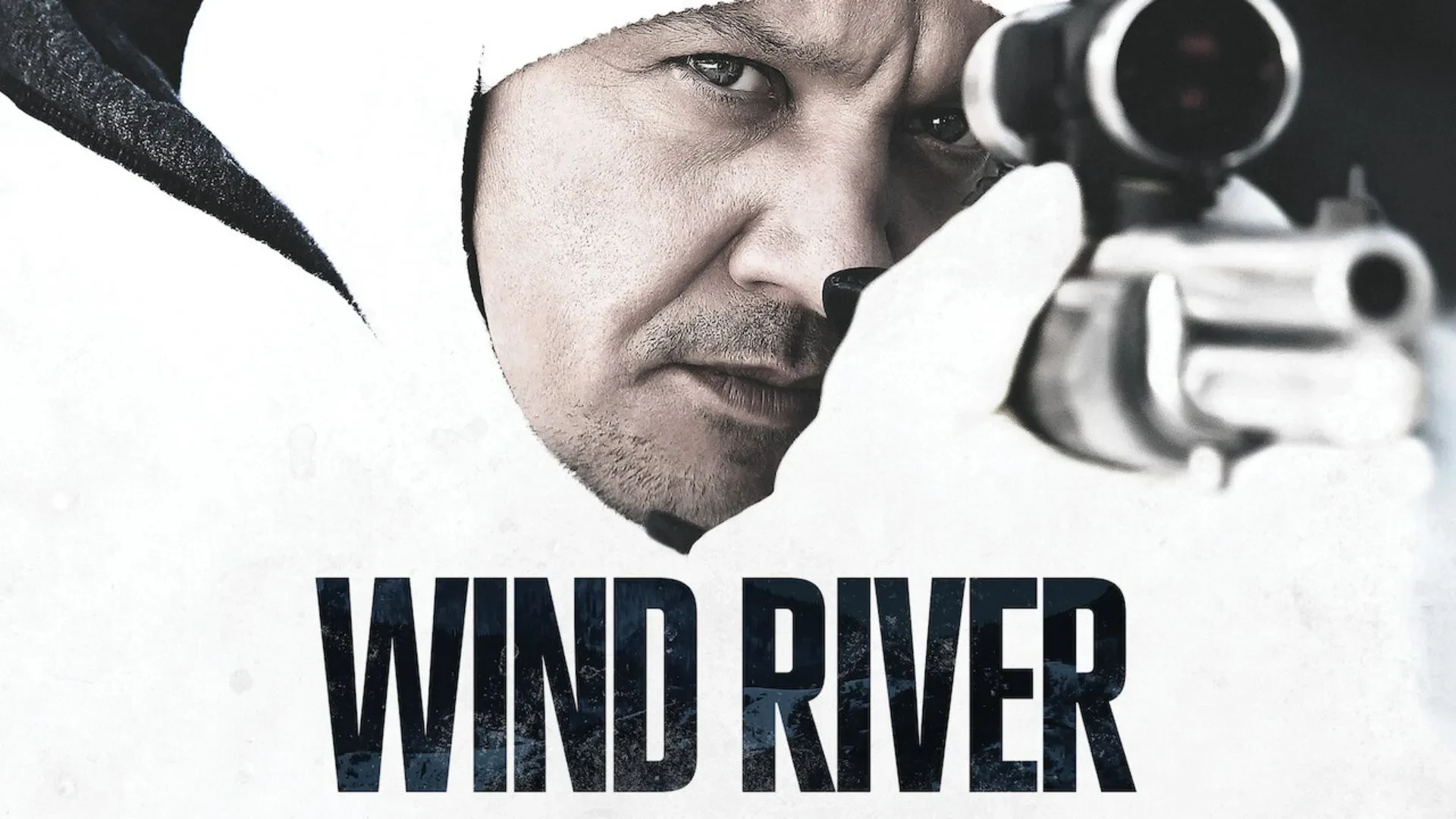 Poster image for the film *Wind River* (2017), showing a man in a white hood aiming a rifle directly at the viewer, set against a cold, intense backdrop.