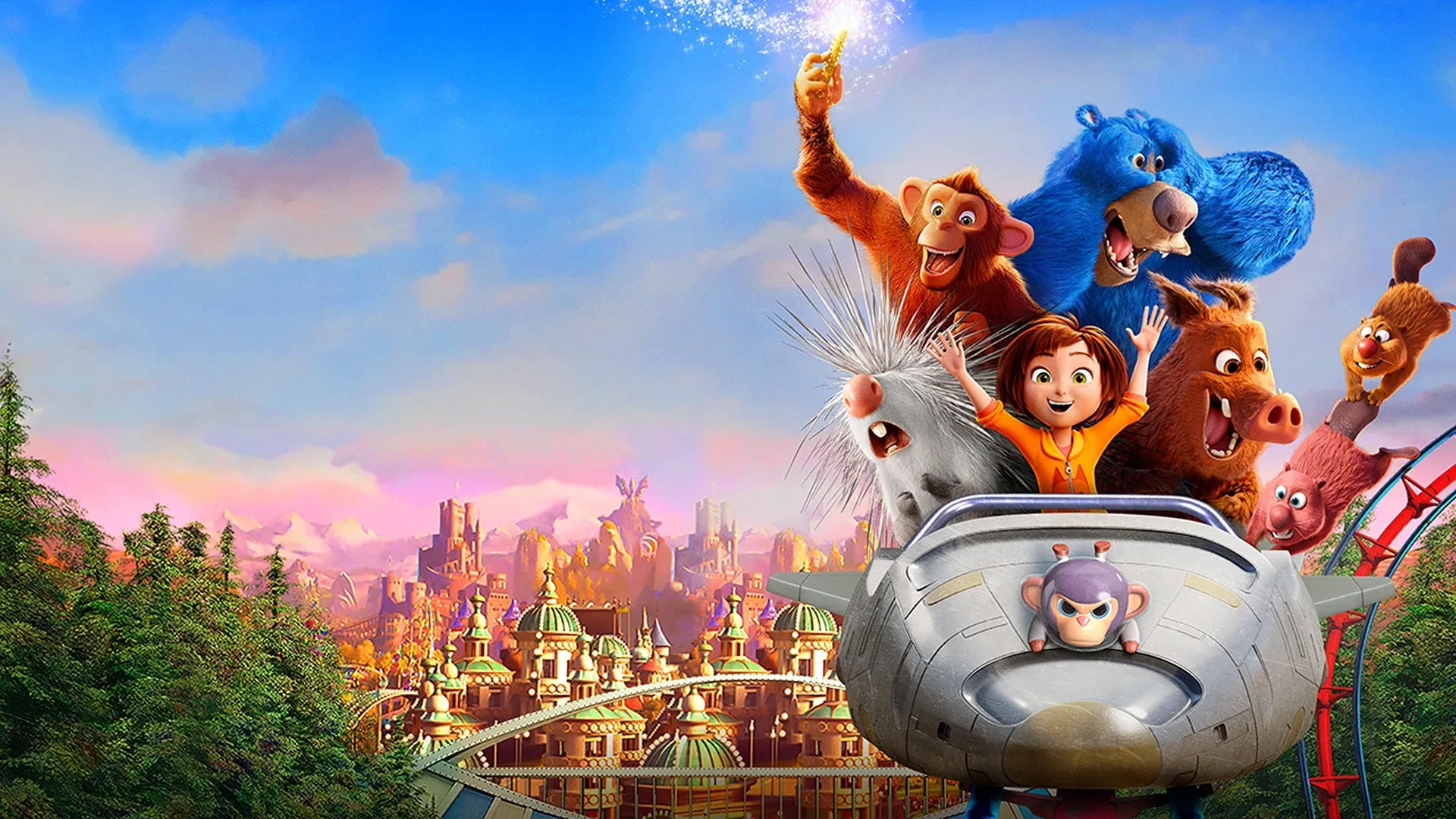 Poster image for the film “Wonder Park”, showing animated characters riding a rollercoaster car with a magical amusement park in the background, including lush green trees and colourful buildings under a bright sky.