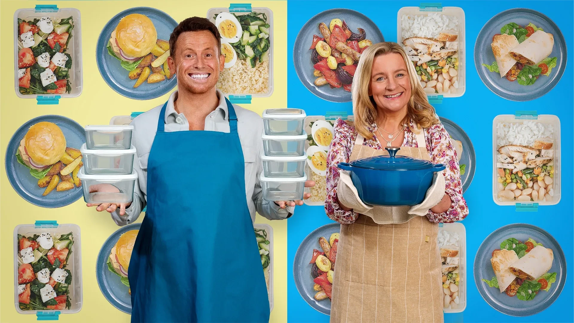 Two people wearing aprons stand in front of colourful meal prep backgrounds; one holds several stacked food containers while the other carries a large blue cooking pot, surrounded by images of fresh, home‑cooked dishes and packed lunches.