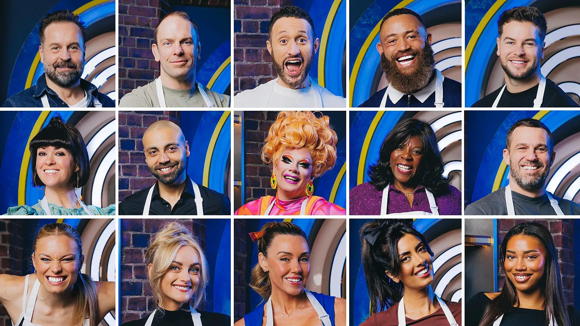 A grid of contestants wearing aprons standing against colourful studio backdrops featuring blue, yellow and brickwork arches, suggesting a competitive cooking show environment.