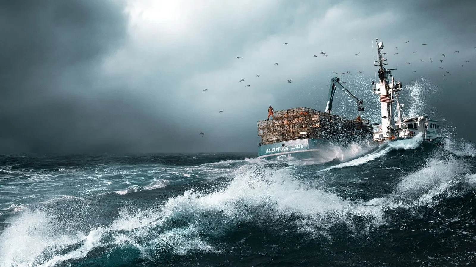 A fishing boat named “Aleutian Lady” is navigating rough, choppy waters under a stormy sky. Large waves crash around the vessel, which is loaded with crab pots, and seabirds are flying overhead.