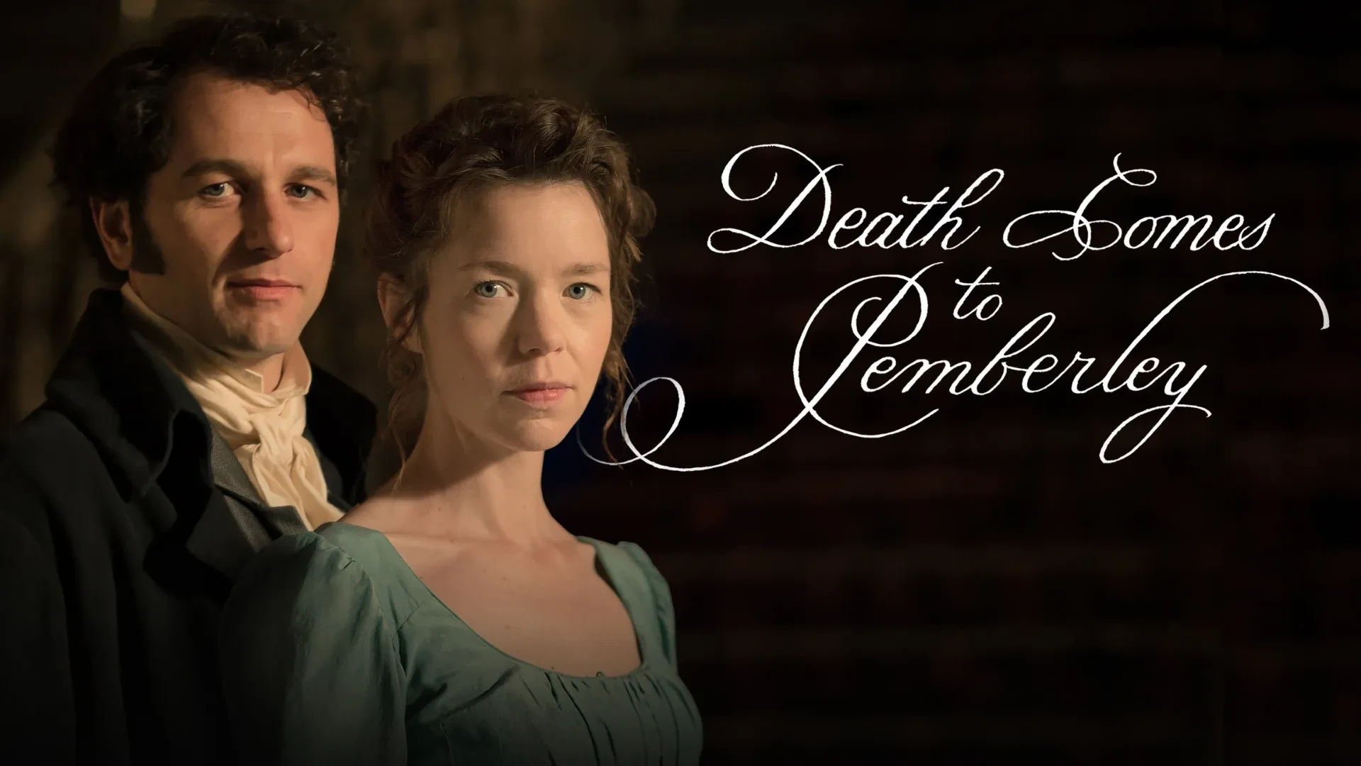 A period‑drama promotional image featuring a man in Regency attire standing behind a woman in a light teal Empire‑line gown, set against a dimly lit background, alongside the elegant title script “Death Comes to Pemberley”.