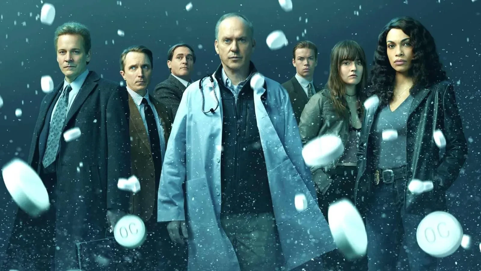 A group of professionals, including a doctor in a white lab coat with a stethoscope, standing together in a dramatic, snow‑like flurry of falling prescription pills, set against a dark, atmospheric background that evokes themes of the opioid crisis and pharmaceutical investigation.
