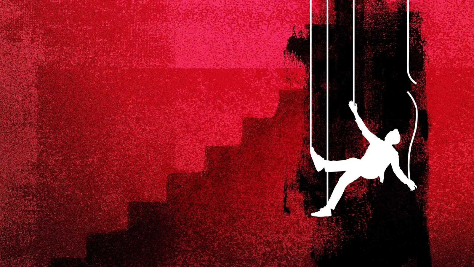 An abstract illustration of a white silhouette of a person suspended by vertical strings, appearing to fall backward beside a dark, shadowy staircase against a textured red background.