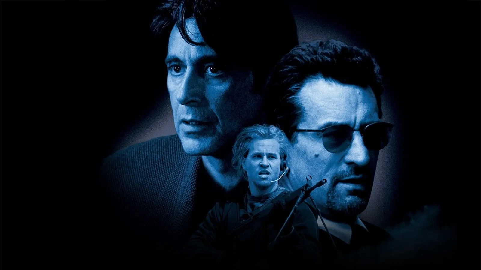 Dark, moody poster featuring two silhouetted figures in blue tones with a third smaller figure holding a rifle in the foreground, set against a black background with dramatic lighting and shadows.