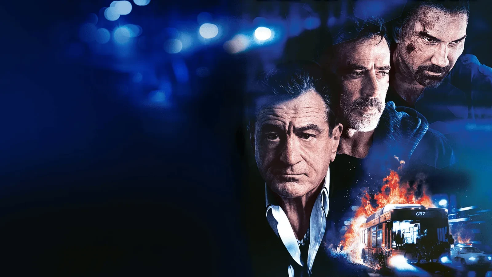 A dark blue, city lit background. On the right, multiple characters are shown in dramatic lighting, with an action scene below depicting a burning bus at night.